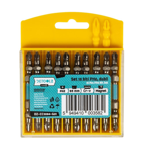 Set 10 biti impact dubli PH2 65mm Cr-V MAGNET, Detoolz