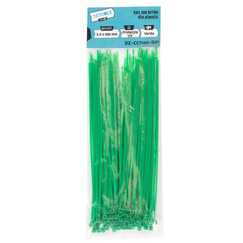 Set 100 bride plastic Detoolz 2.5x200mm UV VERDE